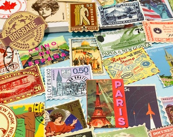 50pcs Vintage around the world landmark stamp Art sticker pack for Decorative, junk journal stickers, Scrapbook Stickers, laptops, helmets