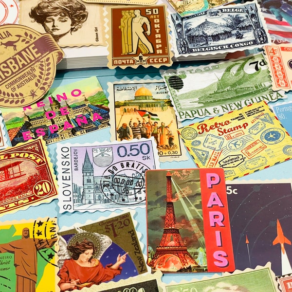 50pcs Vintage around the world landmark stamp Art sticker pack for Decorative, junk journal stickers, Scrapbook Stickers, laptops, helmets