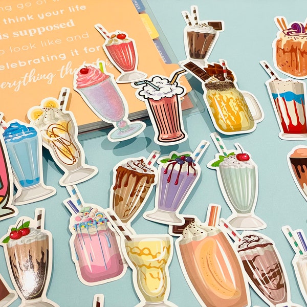 Milkshake Café Drinks Vinyl Cute Sticker Set Fruit Strawberry Chocolate Smoothie Sticker for Phones, Laptops, Kids, Water Bottles, Bikes,