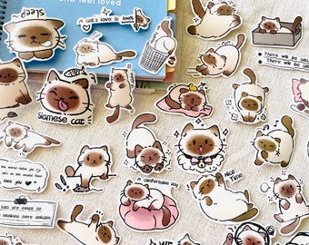 Cute Siamese Cat Stickers, Grey Siamese Cat Sticker, Kawaii Lazy Cat Vinyl Decals for Planner, Laptop, Water Bottle, Gifts for Cat Lover