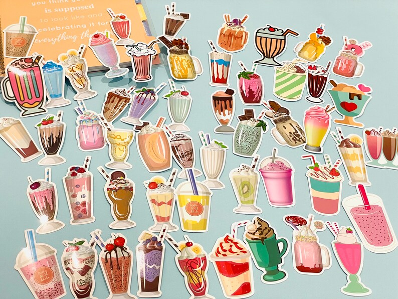 Shakes Sticker Design Milkshake Café Drinks Vinyl Cute Sticker Set Fruit Strawberry Chocolate ...