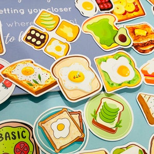 Conjunto de adesivos de sanduíche de café da manhã com pão e ovo kawaii, torradas fofas, abacate, adesivos de decoração de comida para diário, álbum de recortes, planejador, presentes para amigos