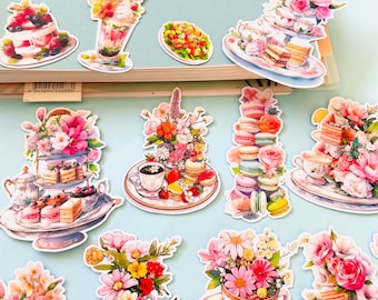 16pcs Cute vinyl Vintage Afternoon Tea Cake Stickers Set Dessert Sticker Macaron Chess Cake Flowers Sticker for Planner, DIY, Journal, Gifts