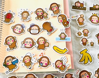 Cute Monkeys Stickers, Kawaii Sticker, Funny Monkey Bananas Stickers, Bullet Journal Sticker, Planner, Scrapbook, Diary, Gifts, Laptop Decor