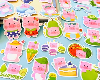 Cute Pink Pig Stickers, Kawaii Summer Pig Frog Sticker Set, Happy Piggy Bullet Journal Sticker, Planner Sticker, Scrapbooking, Diary Sticker