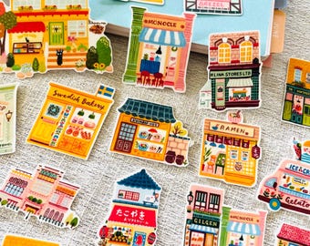 Funny Stores and House Stickers Set, Mini Cafe, Book Shop, Fast Food Store stickers for Journals, Scrapbooks, DIY Phone Case, Vinyl Stickers