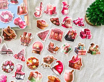 Cute Pink Christmas Stickers, Holiday Aesthetic Stickers, Santa Stickers, Gingerbread Stickers, Scrapbooks, Notebooks, DIY Gifts for friends
