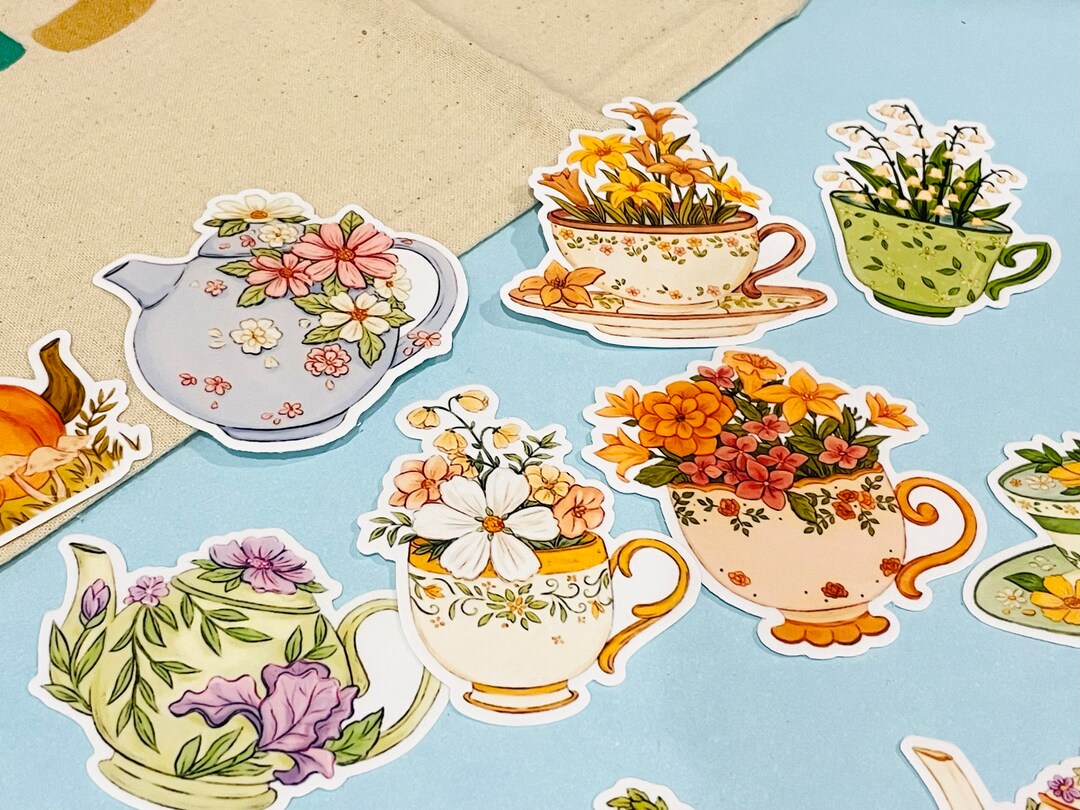 11 Pcs Flower Tea Pot Planner Watercolours Stickers Cute Afternoon Tea ...