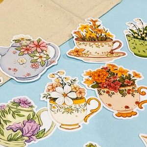 11 pcs Flor Chá Pot Planejador aquarelas Adesivos Bonitos Chá da Tarde Adesivos High Tea Party Kiss Cut Teacups Adesivos para Presentes, Amigos