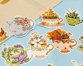 11 pcs Flower Tea Pot Planner watercolours Stickers Cute Afternoon Tea Stickers High Tea Party Kiss Cut Teacups Stickers for Gifts, Friends