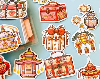 Chinese New Year Lantern Flower Stickers Lunar New Year Pavilion Stickers Chinese Ancient Ornaments Stickers Decorations Sticker for Planner