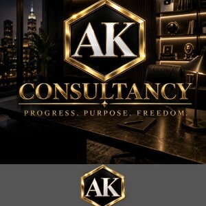 Op de afbeelding: Een logo voor AK Consultancy met een goudomrande zeshoek met de letters AK in het wit. Onder de zeshoek staat het woord CONSULTANCY in goud, gevolgd door de tekst PROGRESS. PURPOSE. FREEDOM. in een kleiner goudkleurig lettertype.