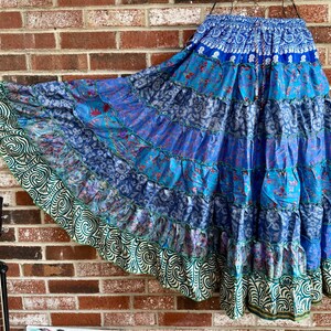 Boho Hippie Fairy Cottagecore Gypsy Patchwork Tribal Tiered Maxi Long Belly Dance Festival Renaissance Peasant Skirt w Pockets Blue Bandana