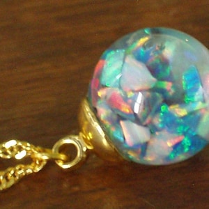 opal necklace pendant floating opals snow globe  floating in glass globe freely gold filled chain included