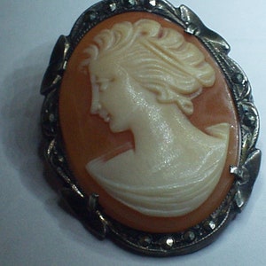 vintage shell cameo brooch pendant 800 silver marcasite hand  carved  high relief