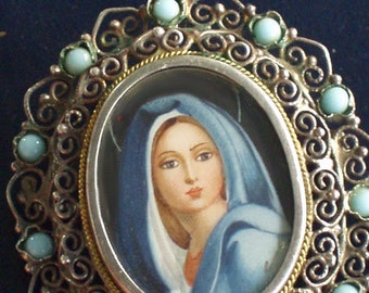 Vintage 800 Silver Filigree with Blue Coral Hand Painted Cameo Brooch