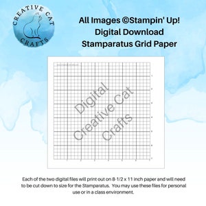 May include: A black and white grid paper printable for use with the Stamparatus. The paper is 8.5 inches by 11 inches and can be cut down to size for the Stamparatus. The image includes the text "All Images ©Stampin' Up! Digital Download Stamparatus Grid Paper".