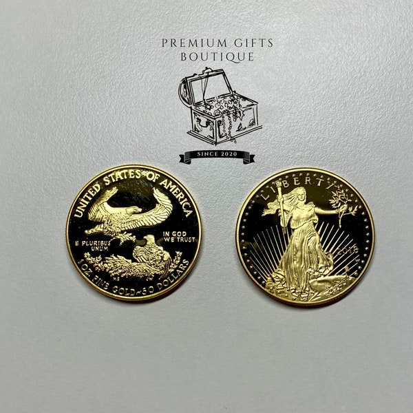 Gold plated coin 24k Liberty 1 oz 50 dollars coin REPLICA, USA proof in God we trust American Eagle not magnetic