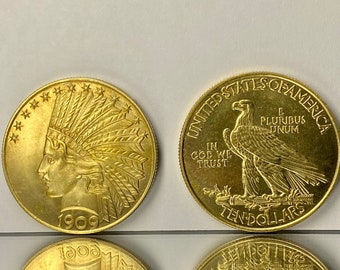 Gold coin Indian Head and American Eagle 10 dollars coin 1909 REPLICA gold plated 24k, USA proof in God we trust NOT Magnetic