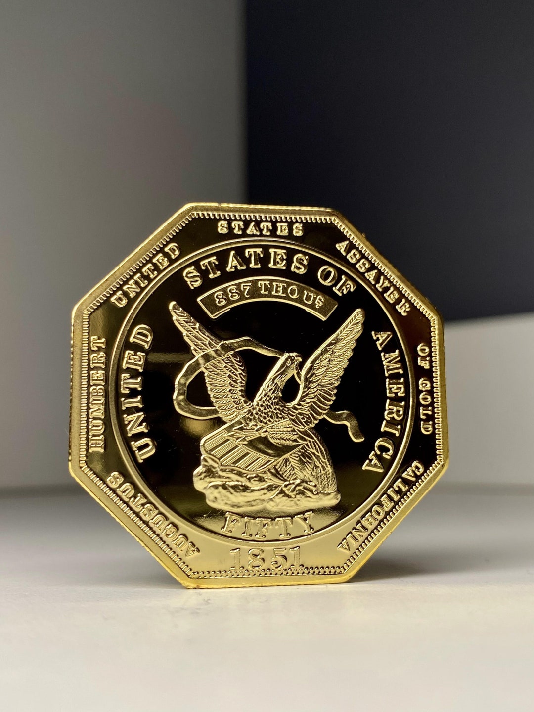 Gold Plated USA Polygon Coin 24k 50 Dollars Coin 1851 RE Augustus