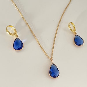 Sapphire blue birthstone necklace, stainless steel gold necklace & earring set, gift for her, blue jewelry, gemstone necklace, royal blue,