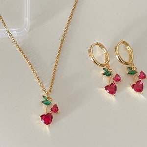 Pink Cherry Love heart earrings, 18k Gold plated earrings, nickel free, cherry earrings, gift for her, lead free,  fruit charm
