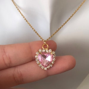 18K Gold Plated Pink Heart Princess Necklace Handmade, Mother's Day Gift , Dainty Jewellery, Soft Girl Aesthetic Necklace for Women