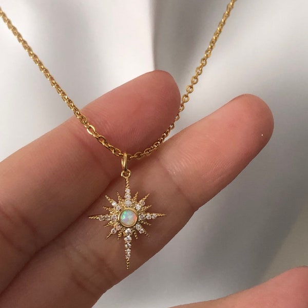 Opal sun stainless steel necklace / opal sun/ charms pendants / gift for her / gold star /gold necklaces/ jewelry