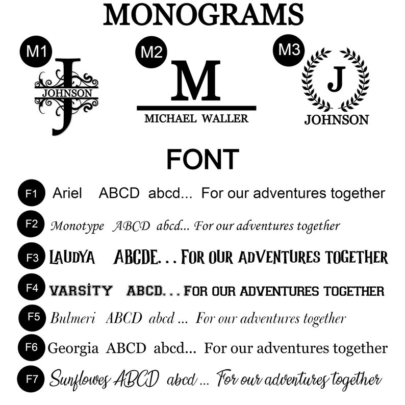 K&ouml;nnte beinhalten: Eine Grafik, die verschiedene Monogrammstile und Schriftarten f&uuml;r ein personalisiertes Geschenk zeigt. Die Monogrammstile umfassen eine traditionelle Schreibschrift, eine fette Blockschrift und ein Kranzdesign. Die Schriftarten umfassen Arial, Monotype, Laudya, Varsity, Bulmeri, Georgia und Sunflowes. Der Text "F&uuml;r unsere Abenteuer zusammen" ist in der Beschreibung jeder Schriftart enthalten.