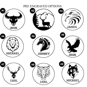 K&ouml;nnte beinhalten: Neun Schwarzwei&szlig;illustrationen von verschiedenen Tieren, darunter ein Stier, ein Hirsch, ein Adler, ein L&ouml;we, ein Pferd, ein Tiger, ein Wolf und zwei verschiedene Designs eines Hirsches. Jede Illustration ist von einem Kreis mit einer Buchstaben- und Nummerierung umgeben, wie z. B. A1, A2, A3 usw. Der Name jedes Tieres steht unter der Illustration.