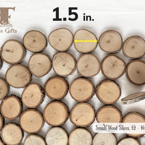 May include: A collection of small, round wood slices, each approximately 1.5 inches in diameter, with natural bark edges. The image includes the text "Small Wood Slices, 12 - 16 pcs" and the logo for "Fairie Gifts".