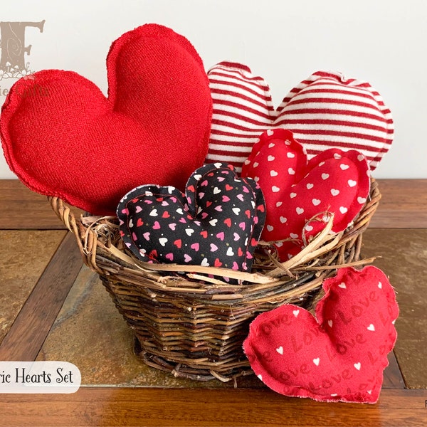 Fabric Heart Décor, Shabby Chic Hearts, Rustic Heart Ornament, Farmhouse Valentine Hearts, Stuffed Fabric Hearts