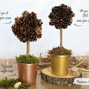 May include: Two miniature trees made from mini pine cones. One tree is in a copper-colored disposable coffee cup, and the other is in a gold-colored cup. The text reads "25 pcs of Mini pine cones" and "29 pcs of TINY mini pine cones".
