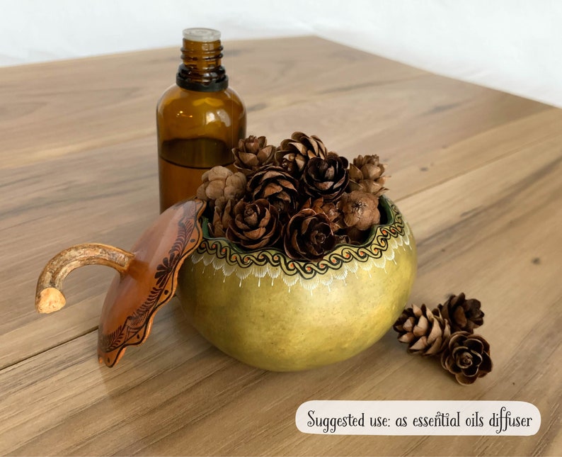 May include: A handcrafted gourd-shaped essential oil diffuser with a light green body and a decorative rim. The lid is brown with etched designs. The diffuser is filled with pine cones, and a brown glass bottle is next to it.