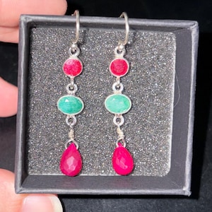 Faceted ruby and emerald sterling silver dangle earrings