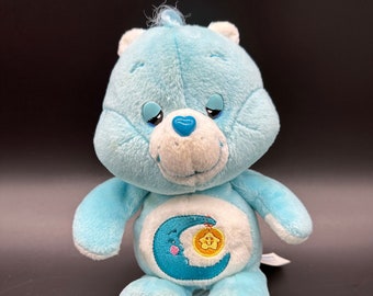 Vintage Care Bear Bedtime Bear Talking Stuffed Animal Plush 2003 Blue Embroidered Belly