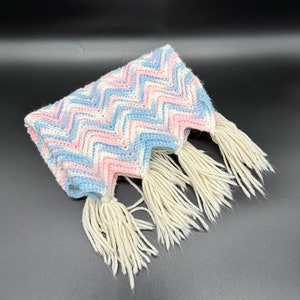 Vintage Crocheted Chair Head Rest Cover Dresser Scarf Blue Pink Zig Zag Fringe