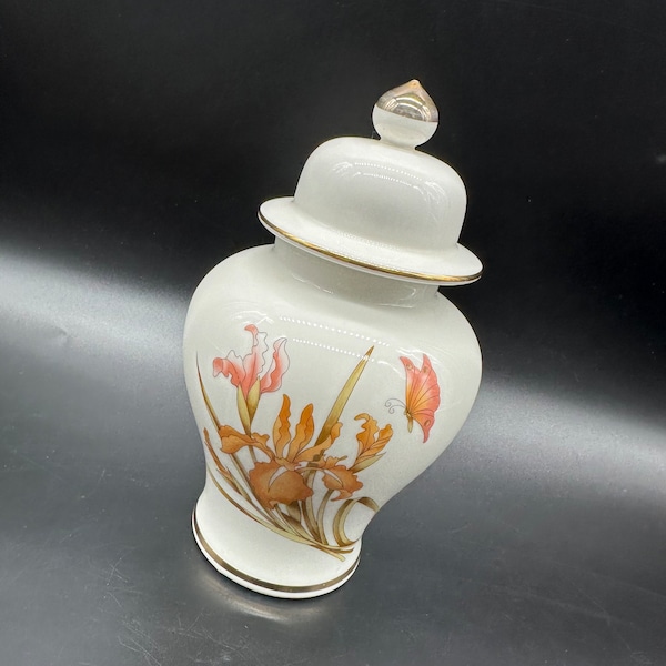 Vintage Ginger Jar Butterfly Flowers Japan Decorative Orange Pink Porcelain