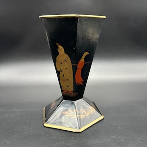 Vintage Toleware Vase entram 1991 Hexagon Metal Asian Style Black Red Gold Bird