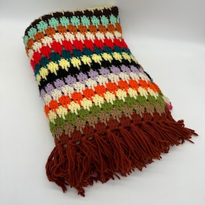 Afghan Crocheted Blanket Throw Stripes Fringe Vintage Handmade Snuggly