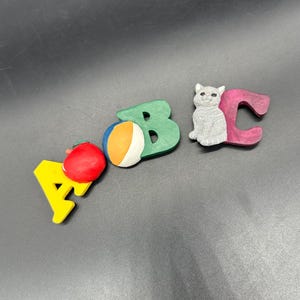 Vintage Refrigerator Magnets ABC Alphabet Teacher Cat Apple Ball Retro Set of 3