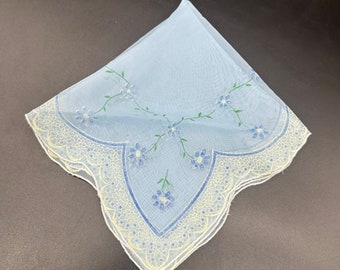 Vintage Sheer Handkerchief Hankie Blue Flowers Scalloped Edge Something Blue