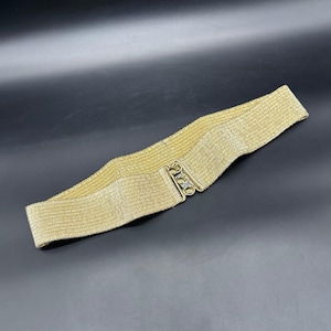 May include: A gold-colored, woven elastic belt with a silver-tone clasp. The belt is wide and has a textured appearance. The clasp features a series of three interlocking rings. The belt is designed to cinch the waist.