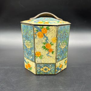 Vintage Tin Floral England Octagon Storage Container Blue Orange White READ