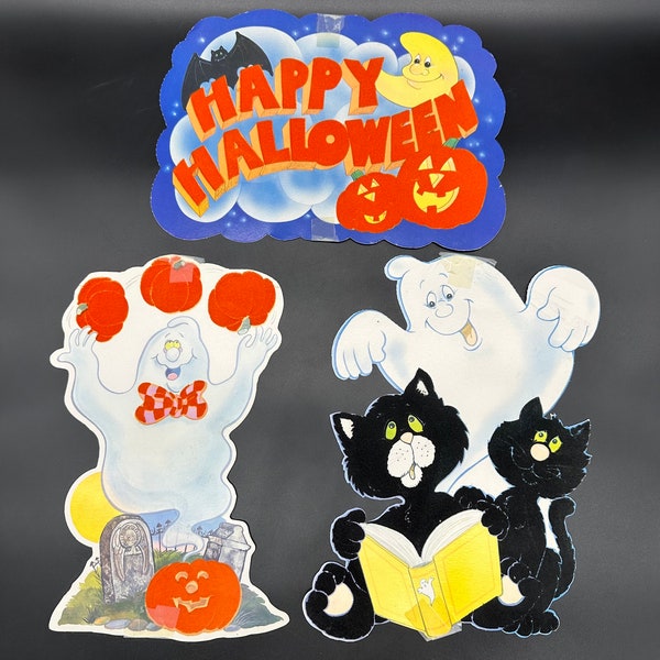 Décor d'Halloween vintage, citrouilles de chat noir fantôme floquées découpées