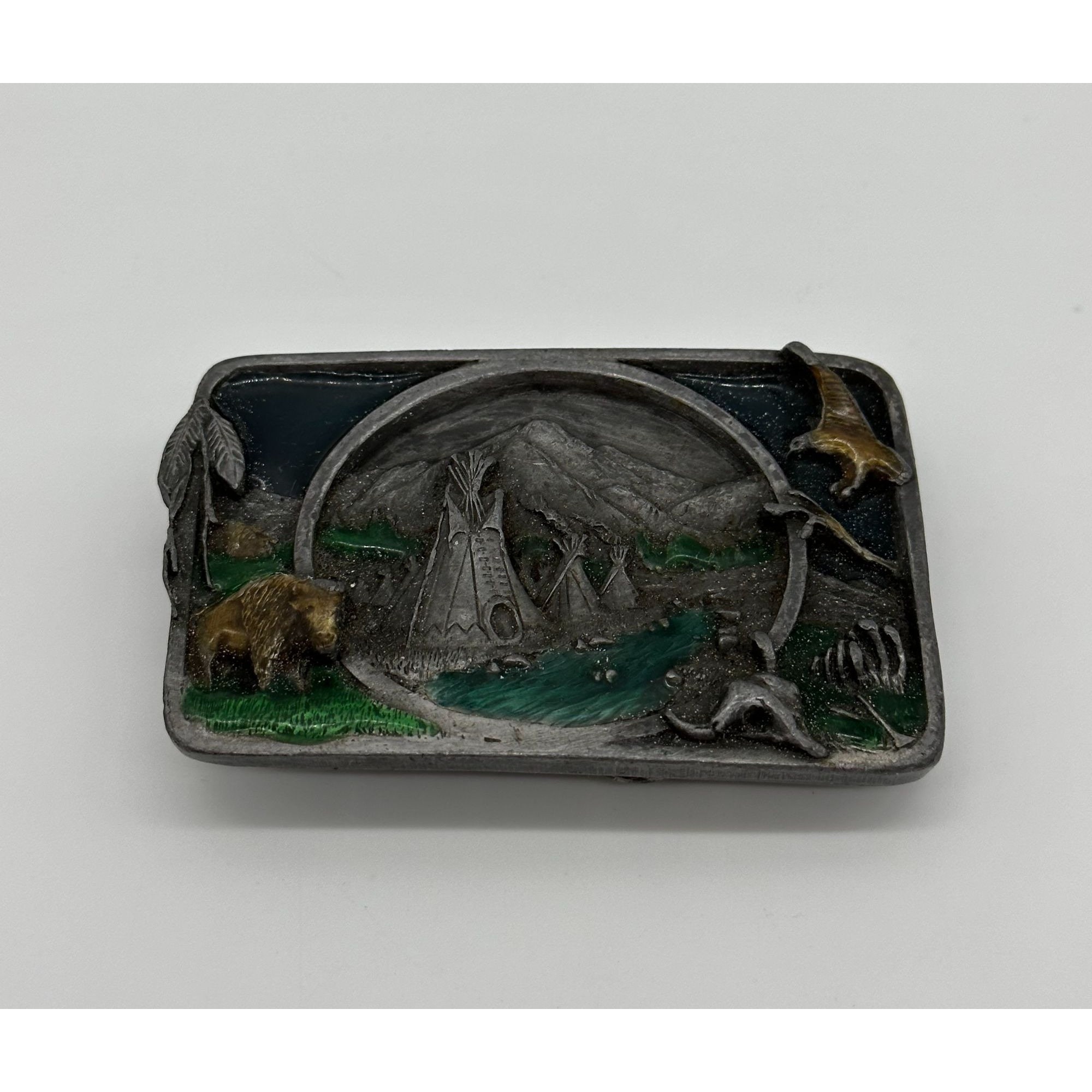 Siskyou Belt Buckle Tribute to American Indian Buffalo, Eagle Tepee  Pewter 1983 Vintage Native American Sacred Figural Body Eagle and  main image 4