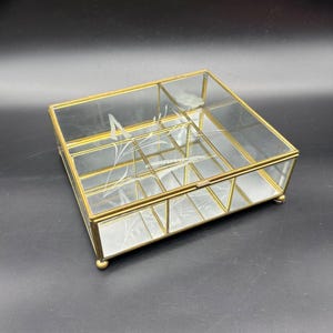 Vintage Glass Mirrored Jewelry Box Brass Etched Floral Mexico Storage Vanity Decor