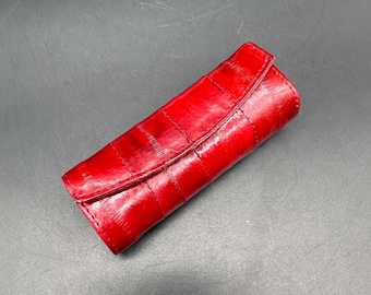 Estuche para lápiz labial rojo de piel de anguila vintage con espejo y cierre a presión, accesorio para bolso coreano