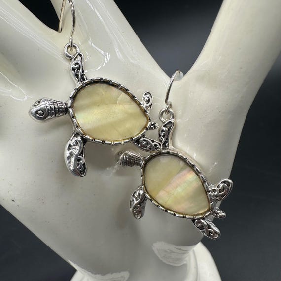 Sea Turtle Dangle Earrings Yellow Shell Inlay Fis… - image 1