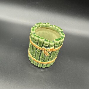 Vintage Planter Brush Holder Bamboo Ceramic Mid Century USA Green Majolica
